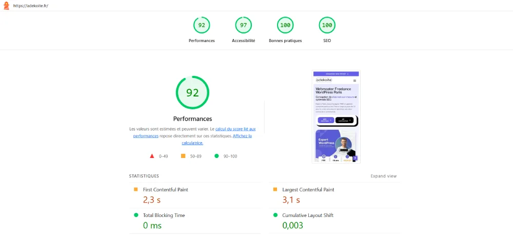 Rapport Google Lighthouse affichant score accessibilité 92/100 pour site adekoite.fr avec WordPress avec recommandations WCAG