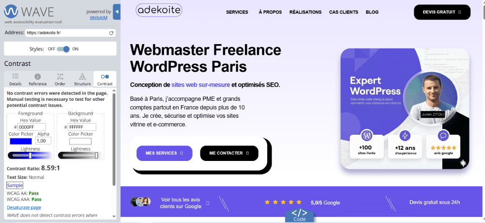 Capture écran outil WAVE WebAIM montrant audit accessibilité WordPress du site adekoite.fr